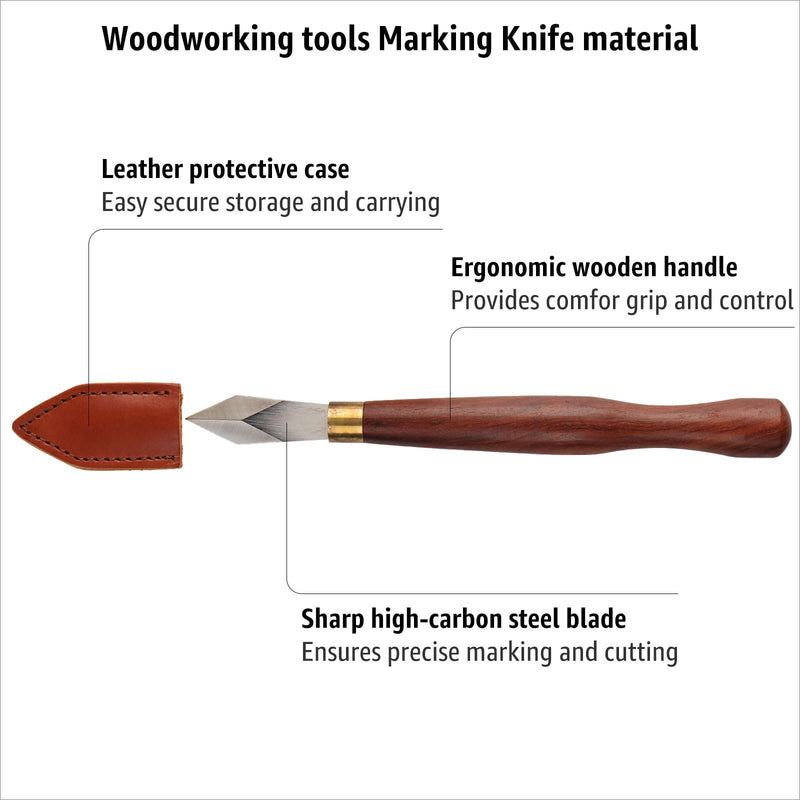 Woodworking Marking Knife, Precision Dovetail Layout Scriber Tool | 7.09-inch Double Bevel High Carbon Steel Blade, Ambidextrous Ebony Handle with Leather Sheath