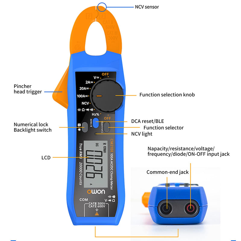 OWON CM210E Mini Digital Clamp Meter 100A AC DC Current Voltage True RMS Pliers Ammeter Resistance, Capacitance, Diode Tester Multimeter