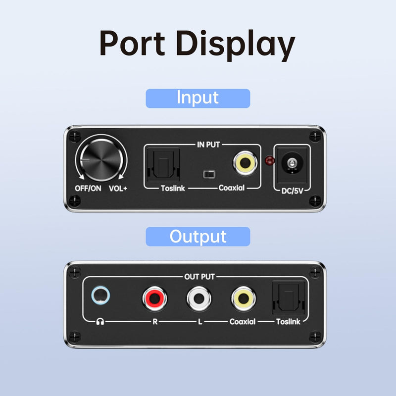 192KHz Digital to Analog Audio Converter, Upgrade Volume Adjustable DAC Digital SPDIF Optical to Analog L/R RCA Converter Toslink Optical to 3.5mm Jack Adapter for HDTV, DVD, Blu-Ray Players