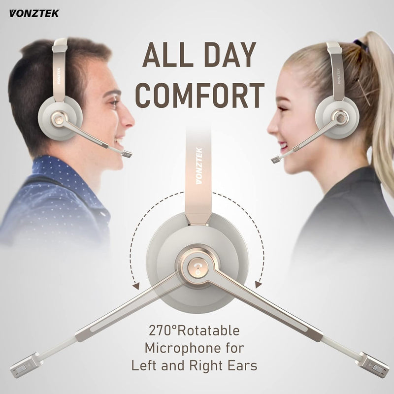 Wireless Headset, Trucker Bluetooth Headset Noise Canceling & Mute | 5.0 Bluetooth Headphones with Mic & USB Dongle for Cell Phone Computer Work Office Teams Meeting Call Center Champagne Gold & White
