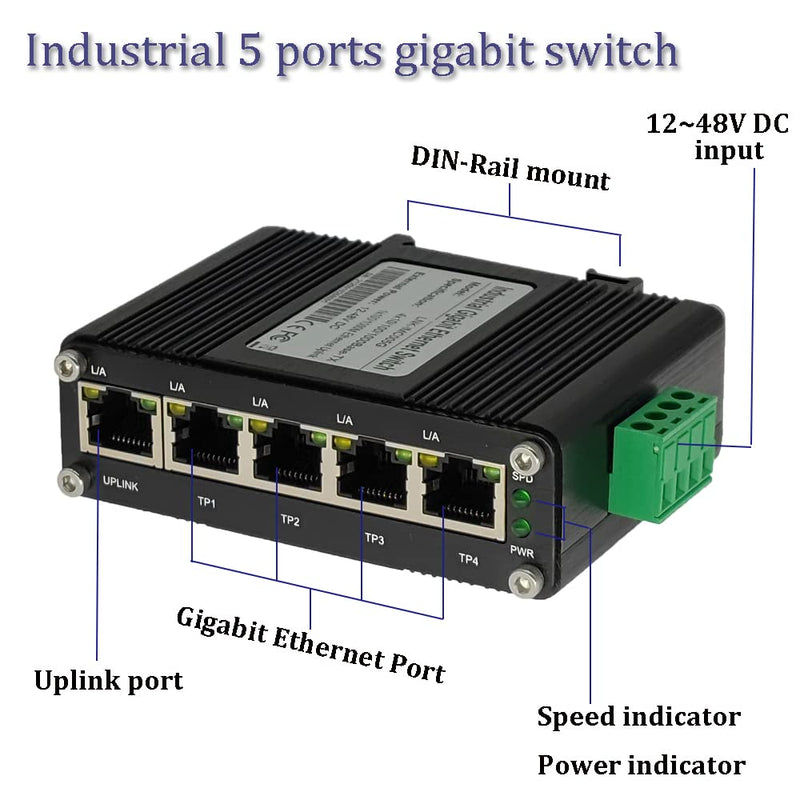 Mini Industrial 5-Port Gigabit Ethernet Switch - Hardened, 10/100/1000Mbps, Din Rail & Wall Mountable (-40 to 167 F), 10Gbps Switching Capacity Cent-S-005