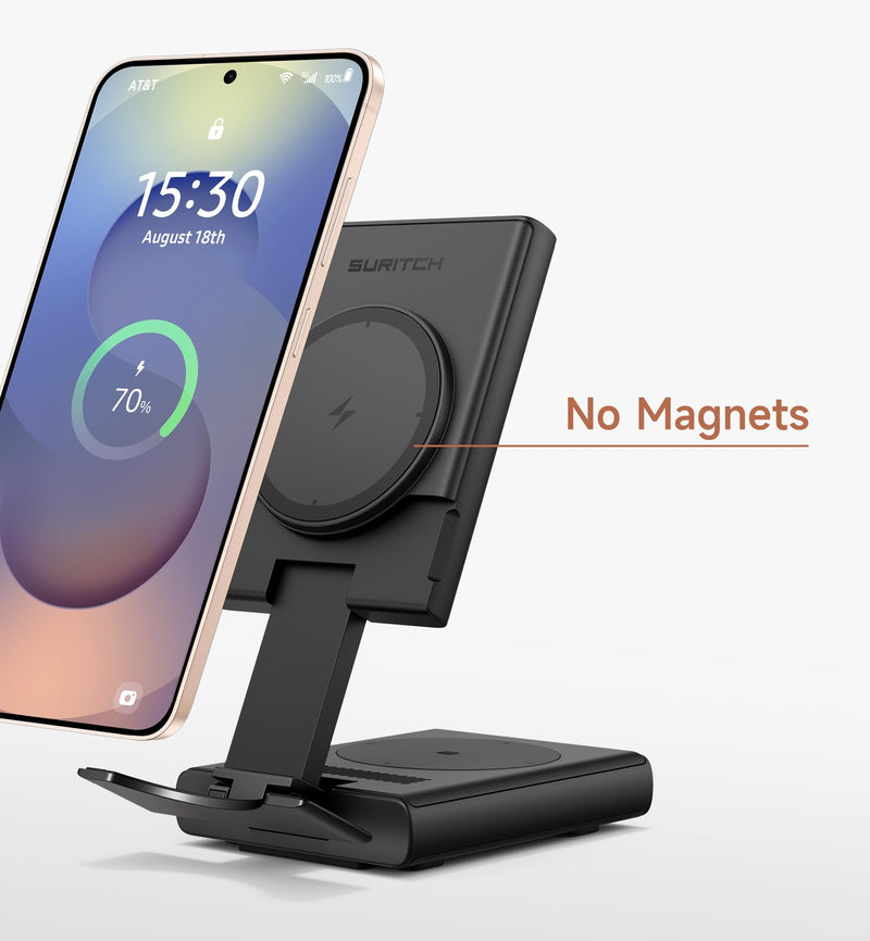SURITCH for Samsung 3-in-1 Wireless Charging Station, Ultra-Portable Charging Dock Stand for Galaxy S26/S25/S24/S23/S22/S21/Note/Z Fold Flip, Galaxy Watch 8/7/6/5/4/3/Buds, Black