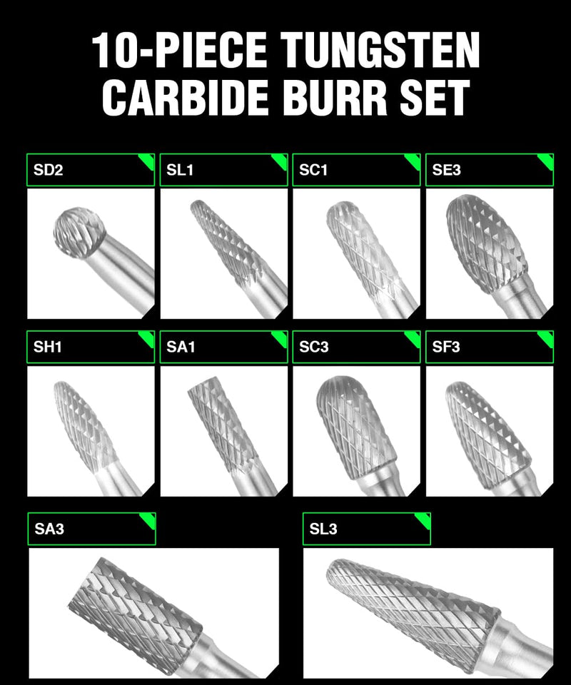 Carbide Burr Set 1/4" (6.35mm) Shank – 10 Pcs Double Cut Die Grinder Bits for Milling, Carving, Engraving, Deburring, Drilling, Hard Wood and Metals – Tungsten Carbide Drill Bit Set for Rotary Tools 10pcs Set 1/4 6.35mm