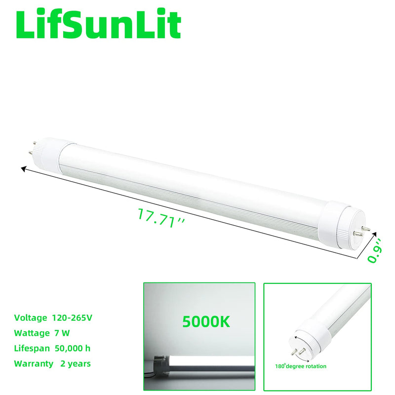 WYZM 2PCS F15T8 LED Tube Light,120V,7W,18" Length,5000K Daylight White,Rotatable End Caps,Frosted Cover,18 Inch Tube Light, F15T8 LED Replacement for Bulb. 2 pack-120V