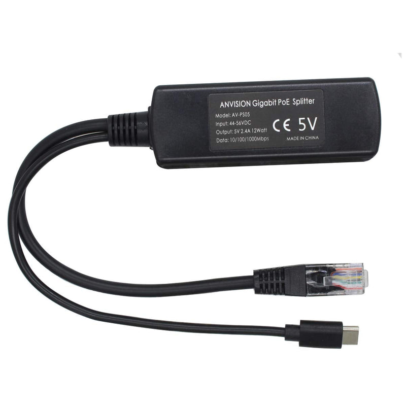 ANVISION 2-Pack 5V Gigabit PoE Splitter, USB Type C, 48V to 5V 2.4A Adaper, IEEE 802.3af Compliant