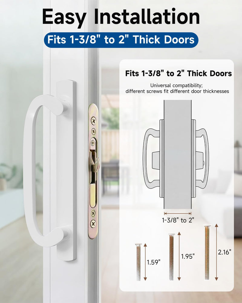 Offset Position Non-Keyed Sliding Patio Door Handleset, 45° Keyway 3-15/16" H.C., Fits 1-3/8" to 2-1/4" Thick Doors, White Diecast with Mortise Lock｜Off Center Thumb Latch Non Keyed-With Latch Lock+Keeper