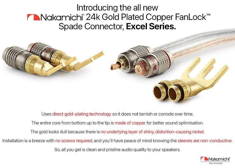 Nakamichi FanLock Excel Series 24k Gold Plated Spade Connector Banana Plug 10 AWG - 18 AWG Gauge Size 4mm for Speakers Amplifier Hi-Fi Home Theatre Wire Cable Quick Connector, 12 Pcs (6-Pairs) 12 Pcs (6-Pairs)