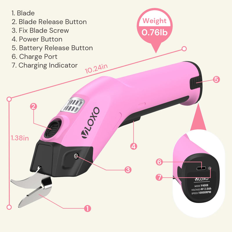VLOXO Cordless Electric Scissors, 4V Rechargeable Power Scissors Cardboard Cutter with Replacement Blade/Battery Powerful Fabric Cutter for Carpet Plastic Leather(pink) Y4008