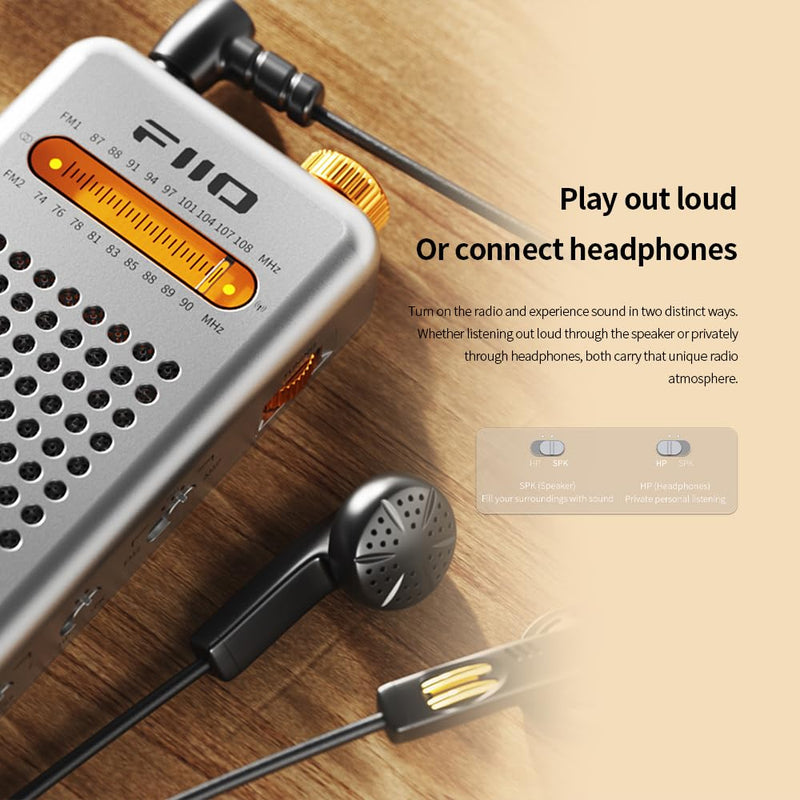 FIIO RR13 Portable FM Radio, Rechargeable Pocket Radio with Built-in Speaker, Analog Tuning Dial, FM 76-108MHz Reception, Replaceable Battery and External Antenna Silver