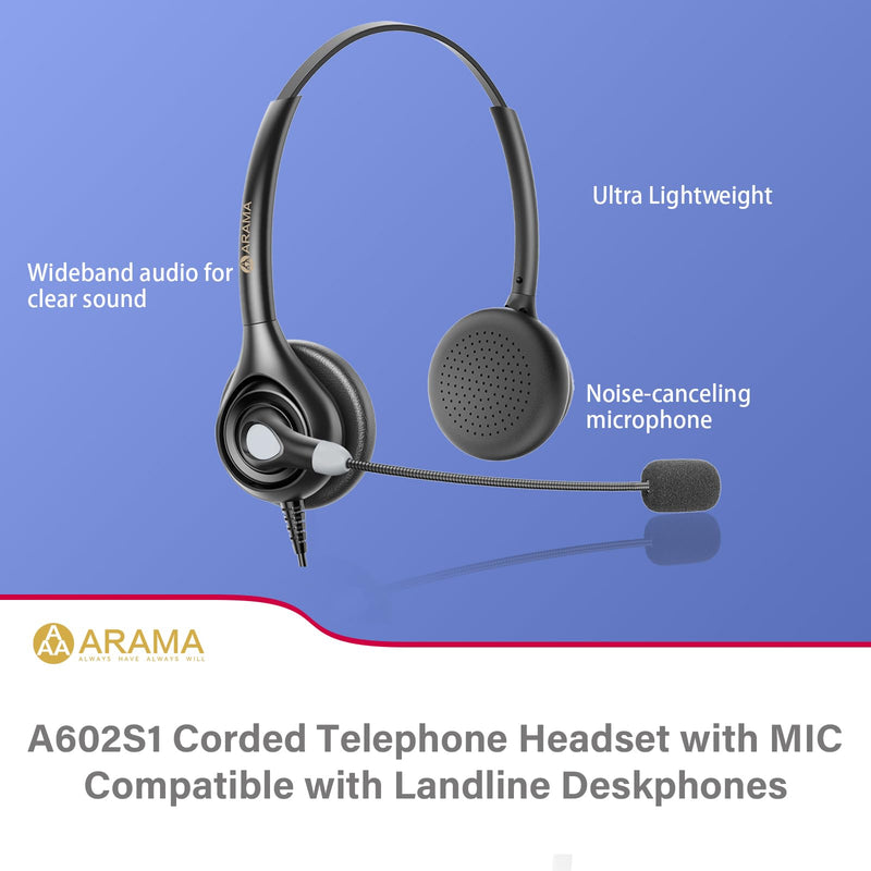Arama Phone Headset for Office Phones for Polycom & Other IP Phones(A602S1) | Noise-canceling Mic, Metal Headband, Plug-and-play, Hands-Free, Call Center, Telemarketing, Office, Lightweight Design Black