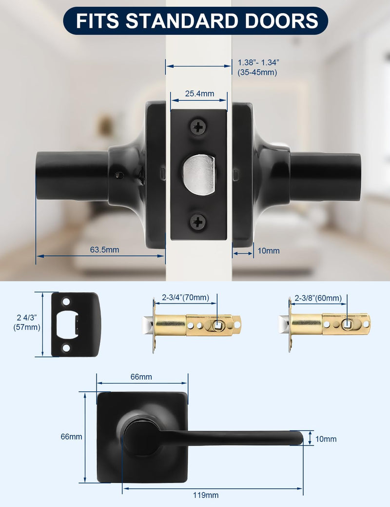 Mengico 1 Pack Passage Door Levers Black Finish, Heavy Duty Interior Door Handles for Closet and Hallway, No-Locking Keyless Square Door Knob, Reversible for Left or Right
