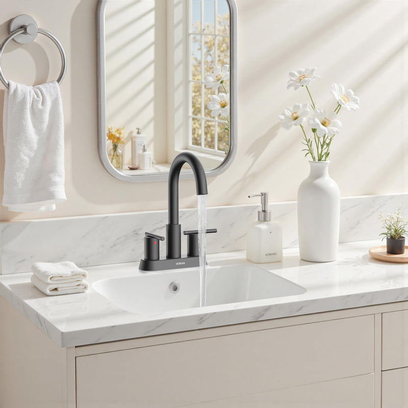 Hurran 4 Inch Bathroom Faucet for Sink 3 Hole, Matte Black Bathroom Faucet with Pop-up Drain and 2 Supply Hoses,Stainless Steel Lead-Free 2-Handle Centerset Faucet for Sink Vanity RV