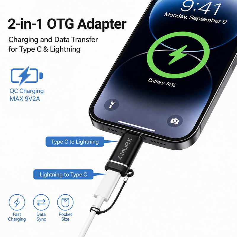 Lightning to USB C Adapter 2 Pack with Lanyards, Fast Charging, 480Mbps Data Sync, Compatible with iPhone 17/16/15 Series, iPad, Samsung Galaxy, Google Pixel, No Audio OTG Black