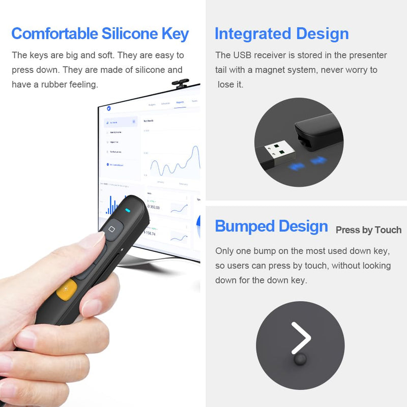 Norwii N29 Presentation Clicker Slide Pointer Clicker for Powerpoint Presentations, Wireless Presenter with Hyperlink & Volume Control, Presentation Remote(Black) Black-29