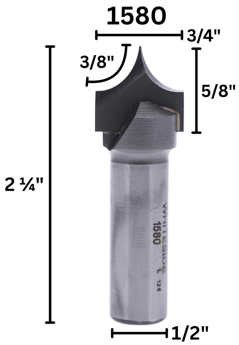 Whiteside 1580 Point Cutting Roundover Router Bit: 3/4 Inch Cutting Diameter, 3/8 Inch Radius, 5/8 Inch Cutting Length, 1/2 Inch Shank, 2-1/4 Inch Overall Length