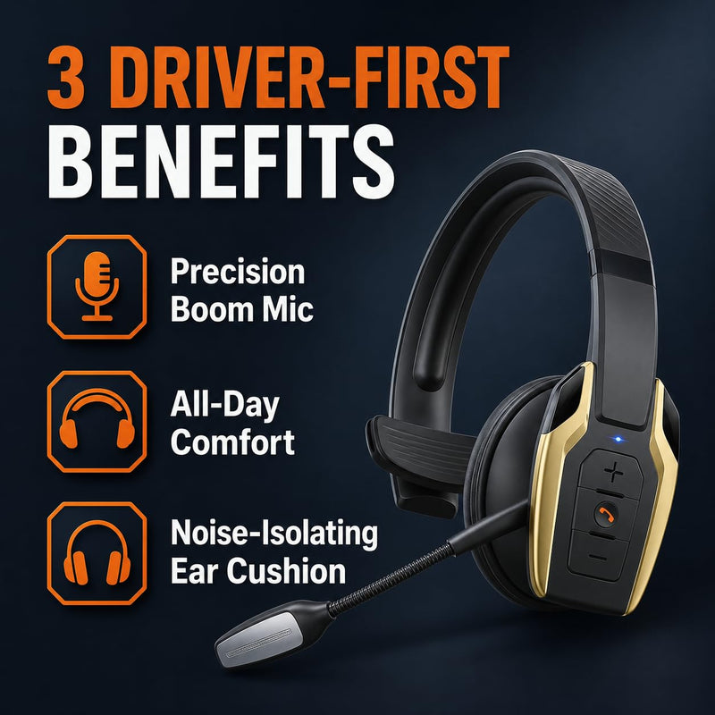 Trucker Bluetooth Headset, Bluetooth 6.0 Wireless Headset with ENC Noise Cancelling Mic, 58H Play Time, Hands-Free Headset for Truck Drivers, Office Calls & Driving-Gold Gold