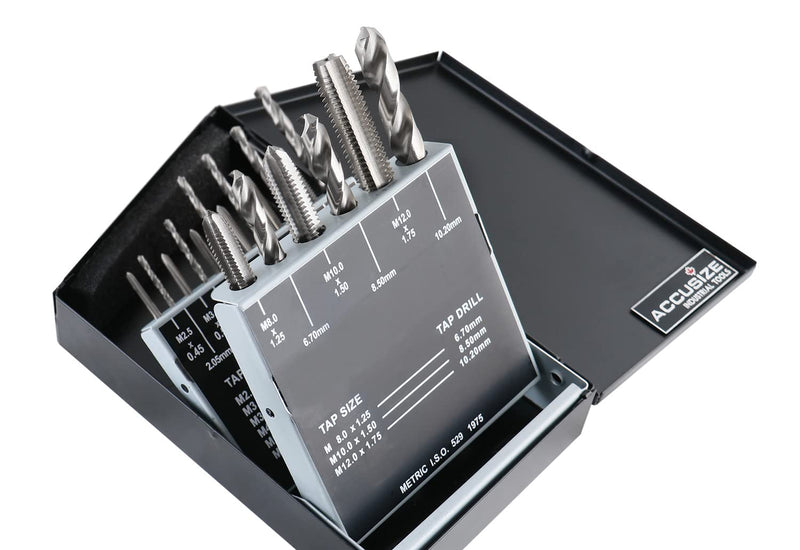 Accusize Industrial Tools HSS Tap and Drill Set, Metric, 18 Pc, 0001-0052 | 18 Pc HSS Tap and Drill Set, Metric, Taps: M2.5x0.45 to M12x1.75, Drills: 2.05 to 10.20 mm, Fully Ground