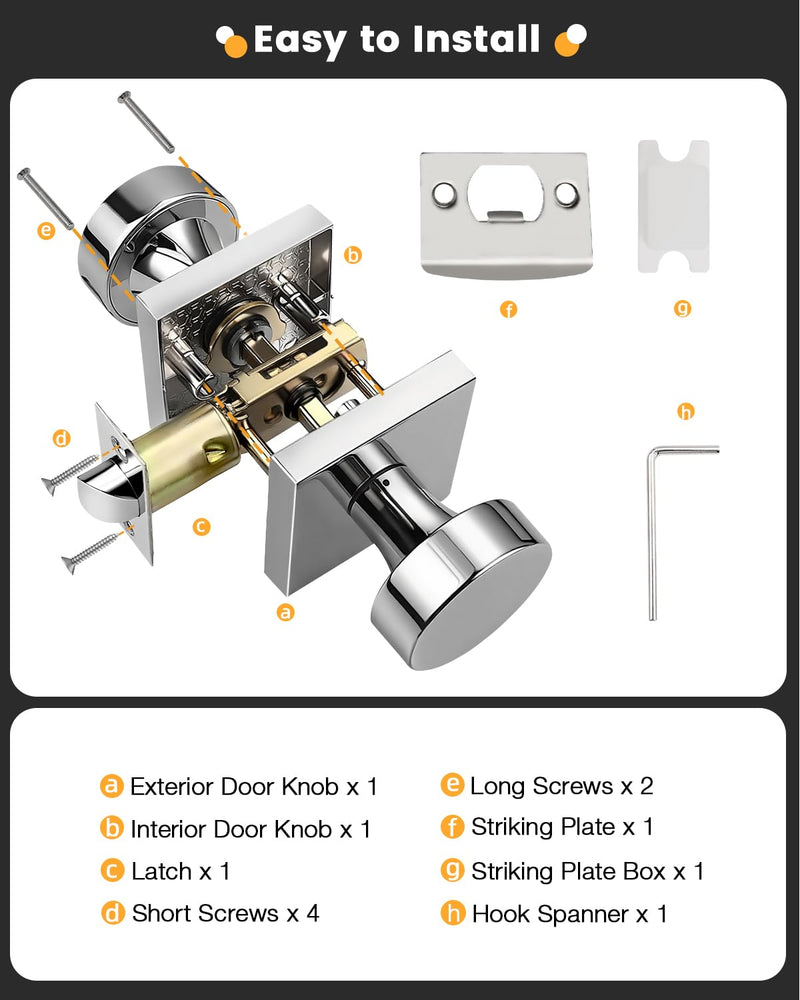Gobrico Polished Chrome Privacy Interior Door Knob with Square Rosette(1 Pack), Heavy Duty Zinc Alloy Round Knob for Bedroom & Bathroom Interior Door Privacy (Lock Without Key) 1