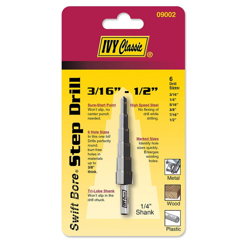 IVY Classic 09002 6-Hole Step Drill Bit, 3/16" - 1/2", 1/16" Increments, 1/Card 3/16-1/2"