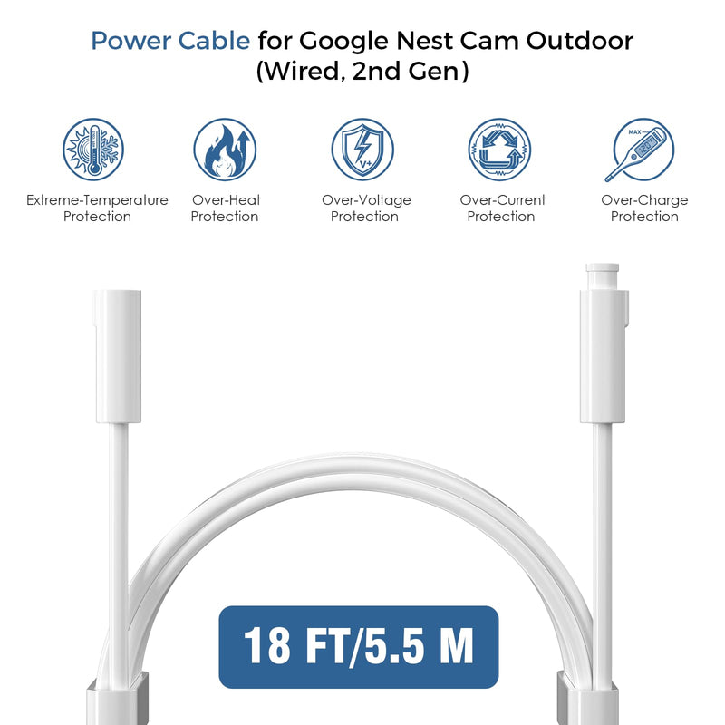 1Pack Power Cable for Google Nest Cam Outdoor (Wired, 2nd Gen),18FT/5.5M | Weatherproof Charging Cable(without adapter), Works with Google Home - 2025 Model - Snow|5V 2A Outdoor Charger Cable