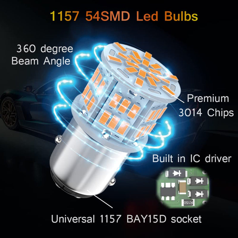 1157 Led Light Bulb Amber Yellow, 12V-24V 1157 7528 2357 2057 BAY15D LED Replacement Light Bulb for Brake Light Tail Light for Car RV Trailer Boat, 54SMD 3014 Chipset,4PCS 1157 BAY15D 4pcs