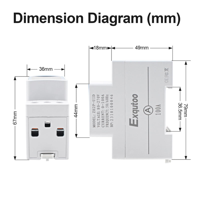Exqutoo Digital Display Energy Meter - AC Rail-Mounted Meter Electricity Usage Monitor for Voltage, Current, and Energy Consumption Measurement - GT2P-UID, AC 80~270V, 0~100A, 50/60Hz 3 Functions Digital Display