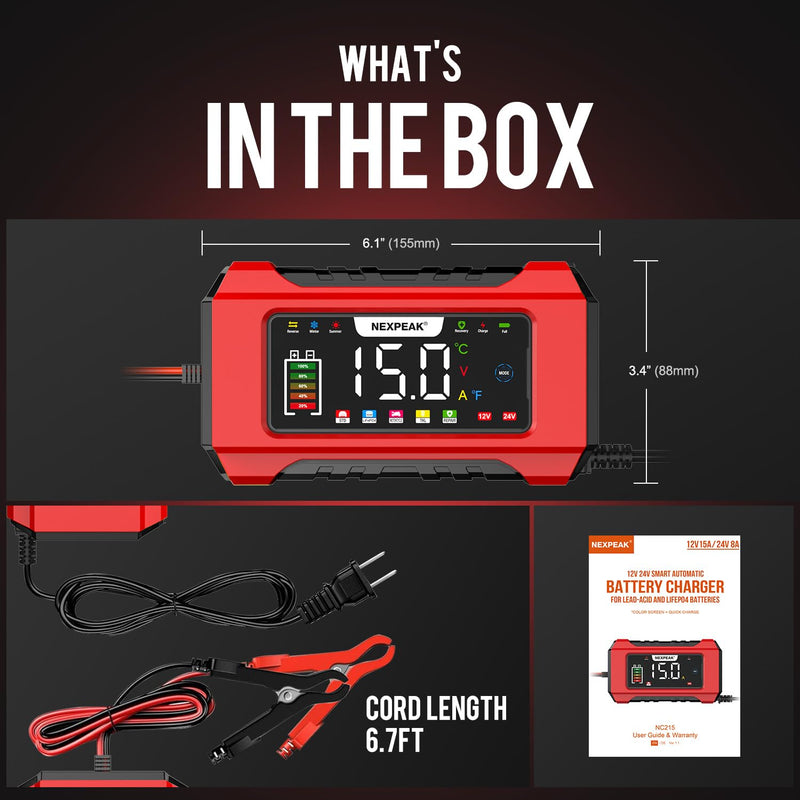  [AUSTRALIA] - NEXPEAK NC215 15-Amp Battery Charger, 12V 24V LiFePO4 Lead Acid Portable Car Battery Charger 9-Stage Trickle Charger Smart Battery Maintainer w/Temp Compensation for Car Truck Lawn Mower Boat Marine