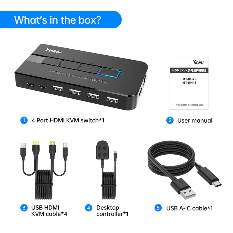 4K 60Hz KVM Switch HDMI 4 Port, USB HDMI KVM Switch 4 Computers 1 Monitor Keyboard Mouse + KVM Cables + 4 USB 2.0