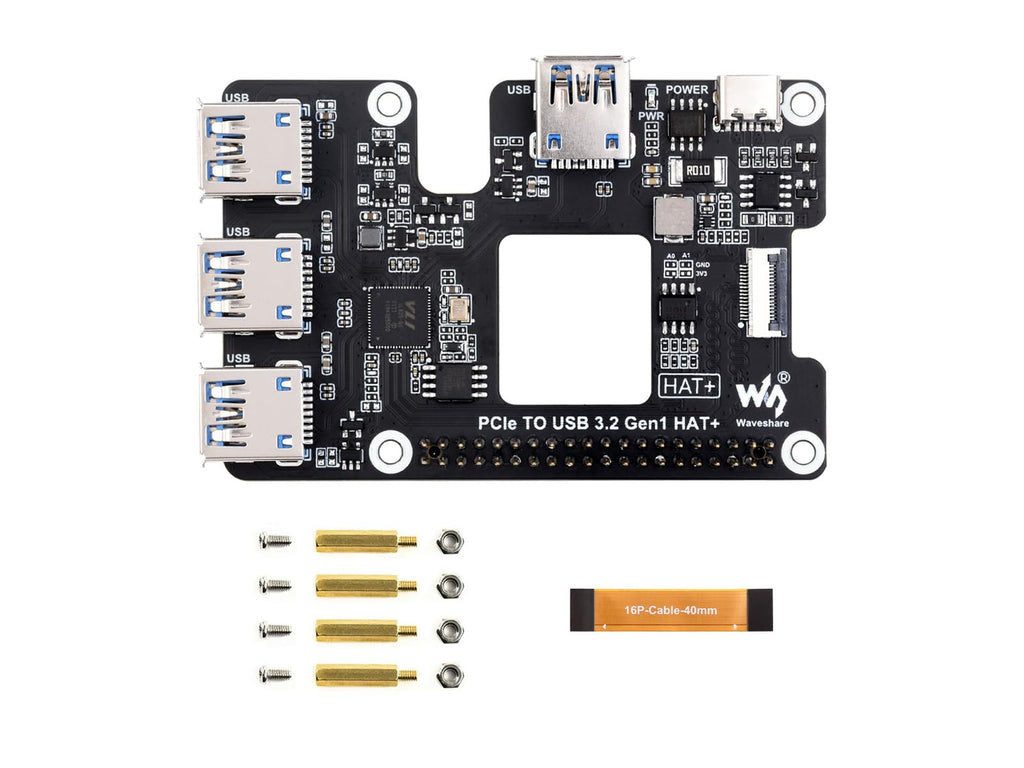 Waveshare PCIe to USB 3.2 Gen1 HAT for Raspberry Pi 5, PCIe to USB HUB, 4X High Speed USB Ports, No Driver Required, Plug and Play, HAT + Standard