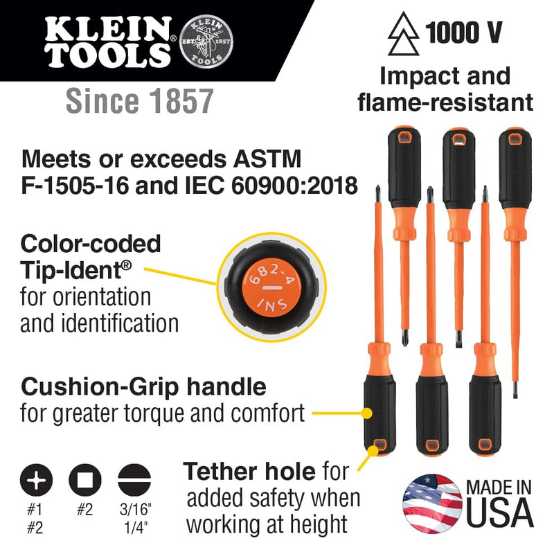 Klein Tools 85076INS Insulated Screwdriver Set, Made in USA, features 1000V Electricial Screwdrivers, (3) Phillips and (2) Slotted and Square Tips, 6-Piece 6-Piece Set