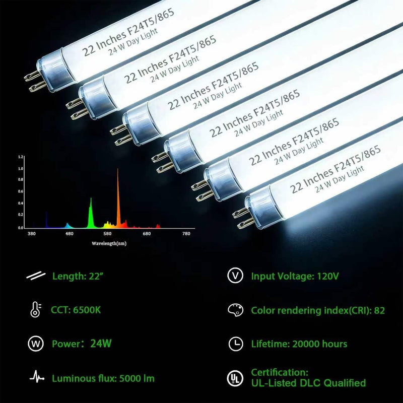 F24T5/865 6 Pack 22 Inch T5 Fluorescent Grow Light Bulbs, 24W 6500K Full Spectrum, 2000 Lumens, High Output (HO) Bulbs for Indoor Plants, Seedlings, Veg Growing, Sunlight White, Energy Efficient 24.0