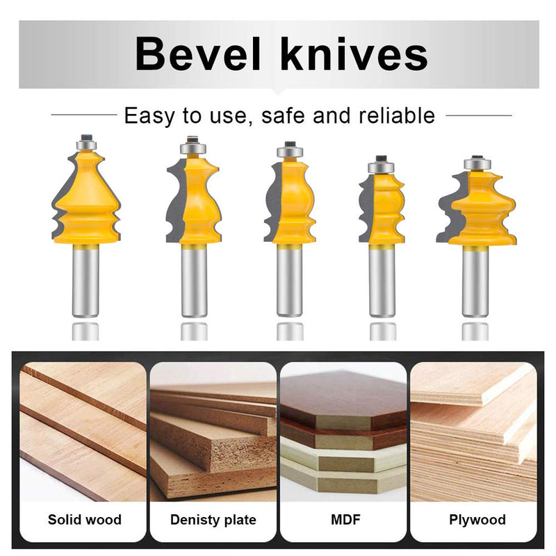 LEATBUY Router Bit Set 5 PCS 1/2-Inch Shank Architectural Molding Corner Round Edge Door Cabinet Shelf Wood Table Woodworking Mill Cutter Tool, Carbide CNC Router(PB7) PB7