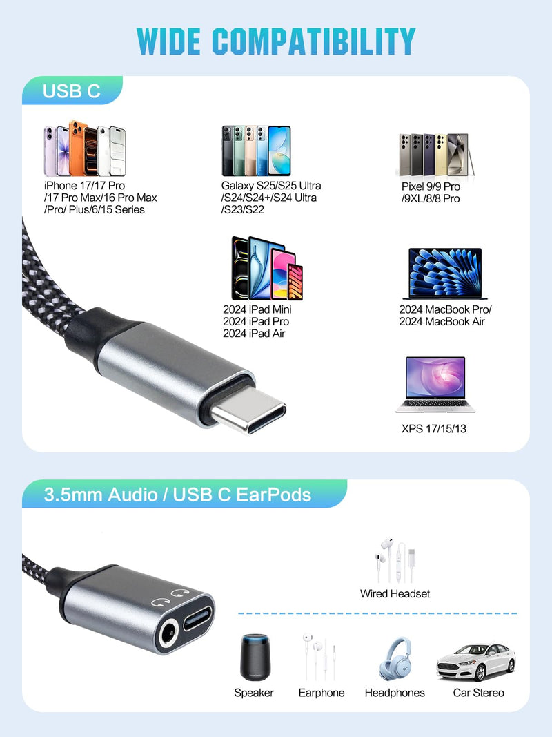 3-in-1 USB-C to 3.5mm Headphone Adapter & Charger, Type-C to Dual USB-C & Aux Audio Splitter with PD Fast Charging & DAC Chip, Compatible with iPhone 16/15 Pro Max, iPad, S24/S23, Pixel (Grey) grey-1
