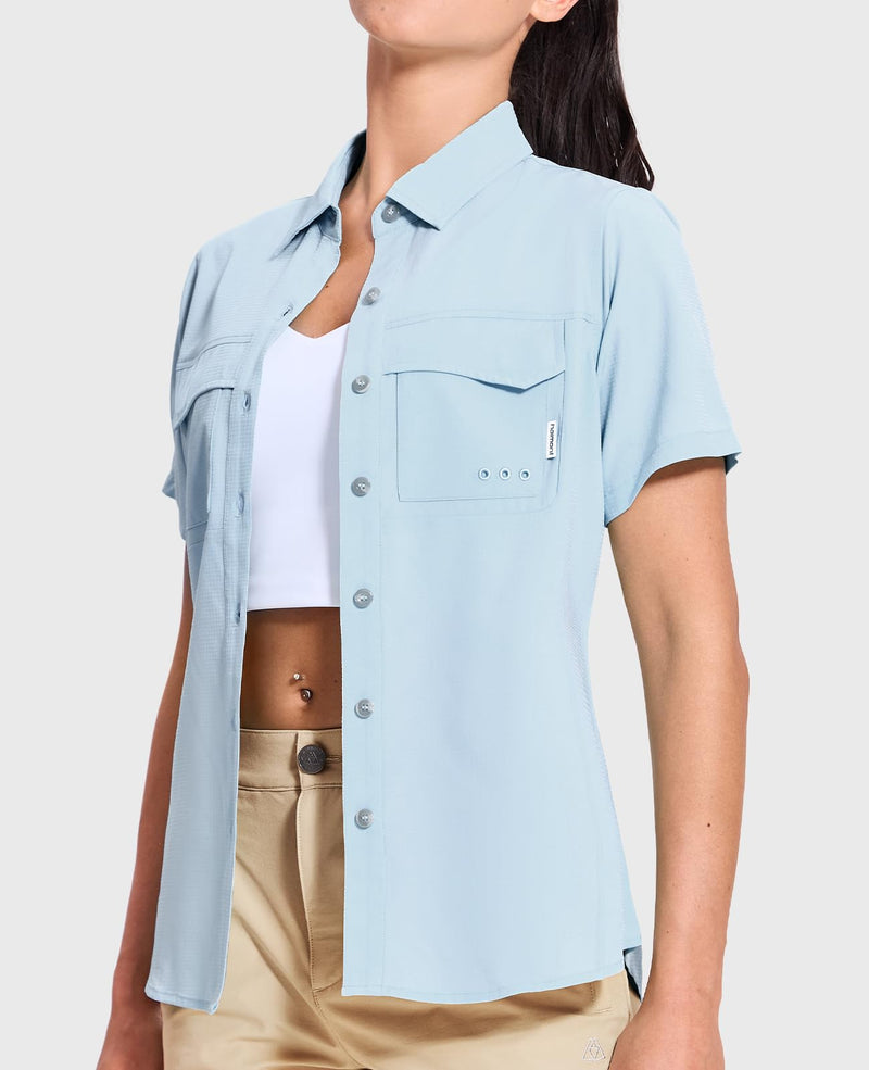 Haimont Women's UPF 50+ Sun Protection Button Down Fishing Hiking Travel Shirts Short Sleeve Quick Dry Shirt with Pockets Medium Light Blue