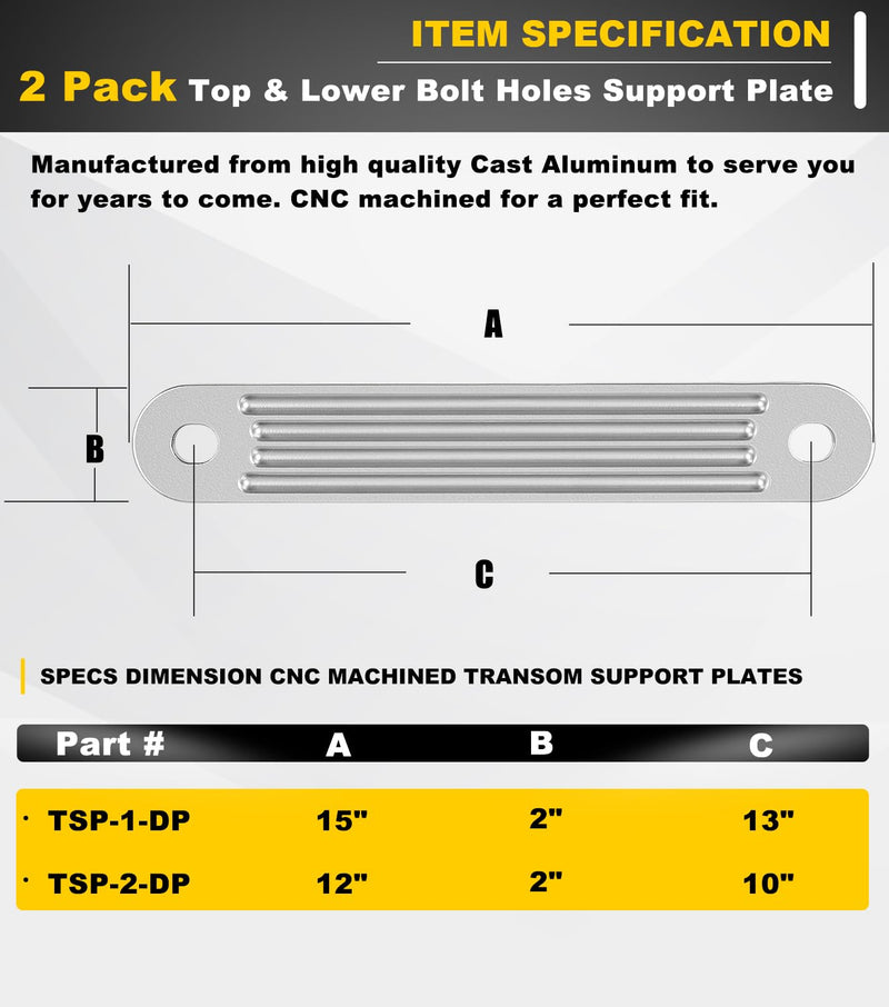 Camoo TSP-1 & TSP-2DP Transom Support Plate Kit for Top Bolt Holes Standard and Lower Bolt Holes Standard (12" x 2" & 15" X 2"), 3/8" Thickness Cast Aluminum, 2 Pack