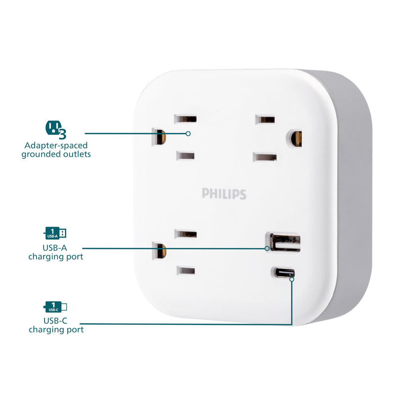 Philips 3-Outlet Surge Outlet Extender with USB, 1 USB-A, 1 USB-C, 12W, 980J, White - SPP9393W/37 3 Outlet | USB