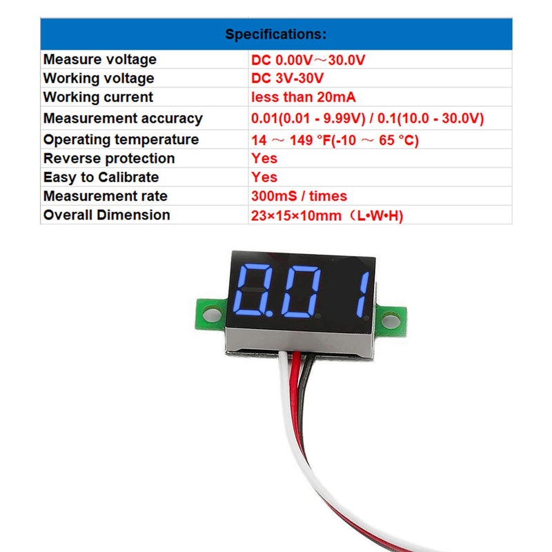 bayite Pack of 5 Three-Wire Calibratable DC 0~30V Blue Digital Mini Voltmeter Gauge Tester Mount Car Motorcycle Battery Monitor Volt Voltage Meter 0.36" Blue LED Display Panel