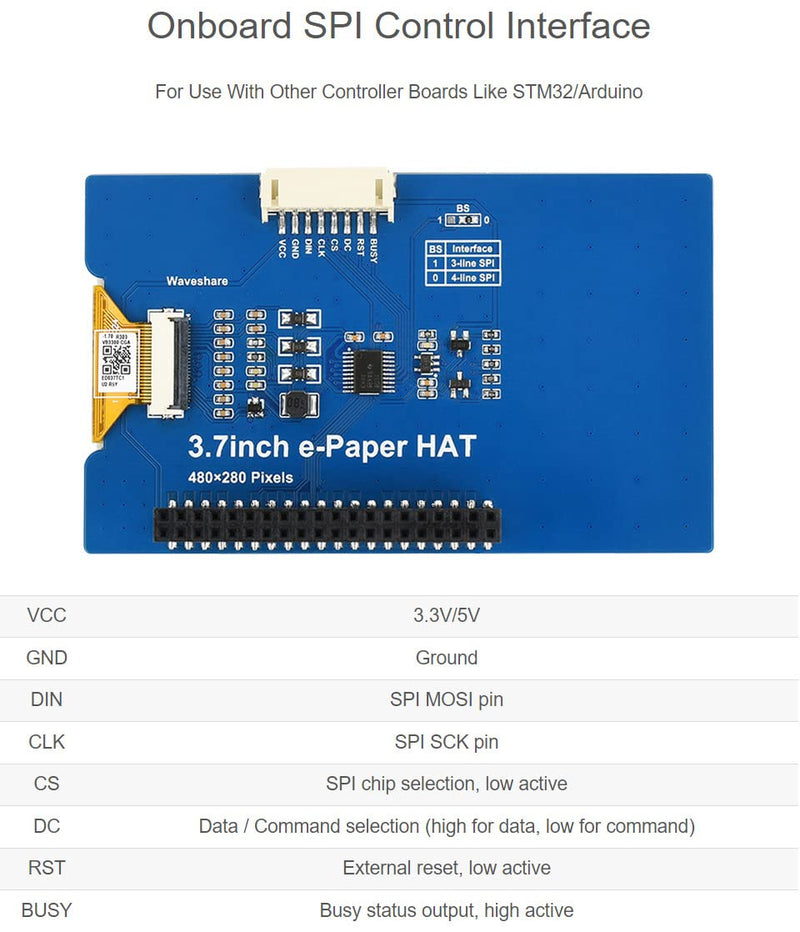 waveshare 3.7inch E-Paper E-Ink Display HAT Compatible with Raspberry Pi4B/3B+/3B/2B/B+/A+/Zero/Zero W/WH/Zero 2W 480×280 Pixels Black/White 4 Grey Scales SPI Interface Supports Partial Refresh 3.7inch e-Paper HAT