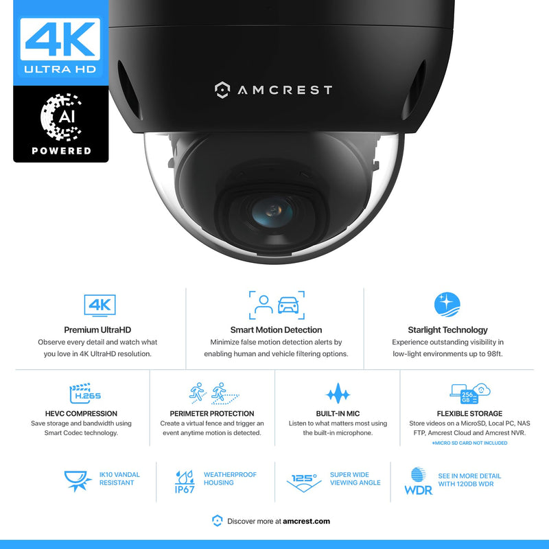 Amcrest UltraHD 4K (8MP) Dome POE IP Camera, 3840x2160, 98ft NightVision, 2.8mm Lens, IP67 Weatherproof, 125° FOV, 256GB MicroSD Recording, Black (IP8M-2493EB-AI-V3)