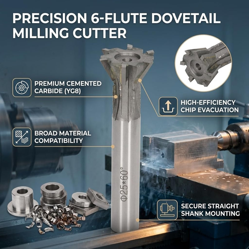 25mm Dovetail Milling Cutter, 6 Flute Carbide End Mill, 60 Degree Straight Shank for Ferrous and Nonferrous Metals