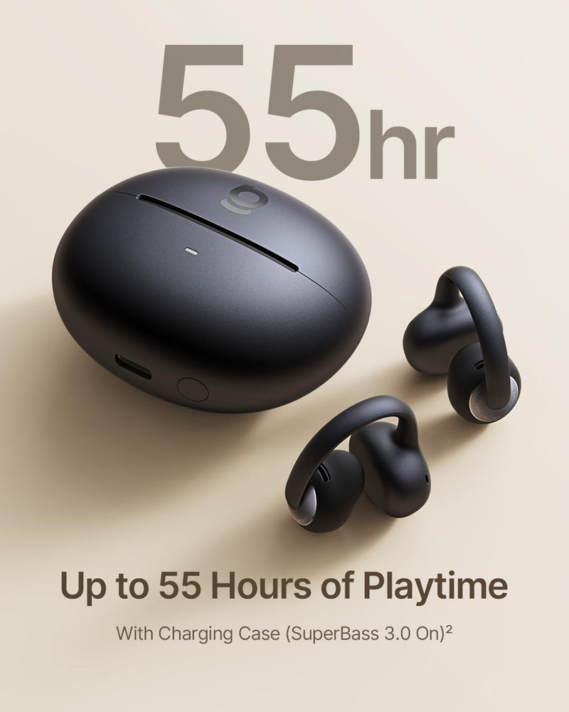 Baseus Bowie MC2 Open Ear Clip On Earbuds, CloudComfort 2.0 Wrap-Around Design, LDAC Hi-Res Audio, Bluetooth 6.0, 55H Playtime, 4-Mic AI Clear Call, IP67 Waterproof for Running Gym Workouts Black