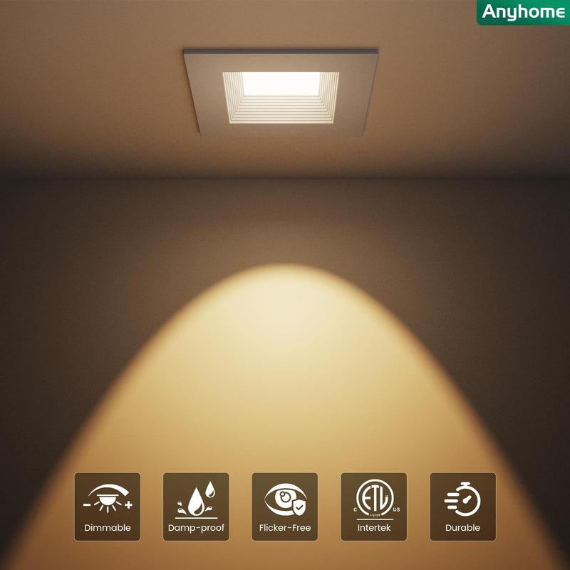 4 Inch Led Recessed Lights Square,Led Downlight Square White,with Baffle Anti-Glare,5CCT 2700K-5000K Dimmable,9W 800LM,ETL & ES(6 Pack) 6 Pack