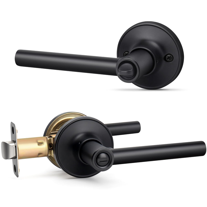 Round Style Door Handle with Privacy Locking, Privacy Reversible Door Lever for Bathroom or Bedroom Door, Matte Black Finish Privacy (Thumb Button Lock)