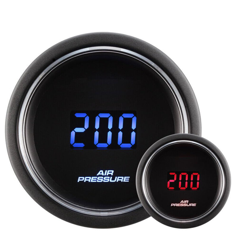 MOTOR METER RACING 52mm 2-1/16" Digital Air Ride Air Bag Suspension Pressure Gauge 0-200 PSI Blue & Red LED Display with Electrical Pressure Sensor Single Air Pressure