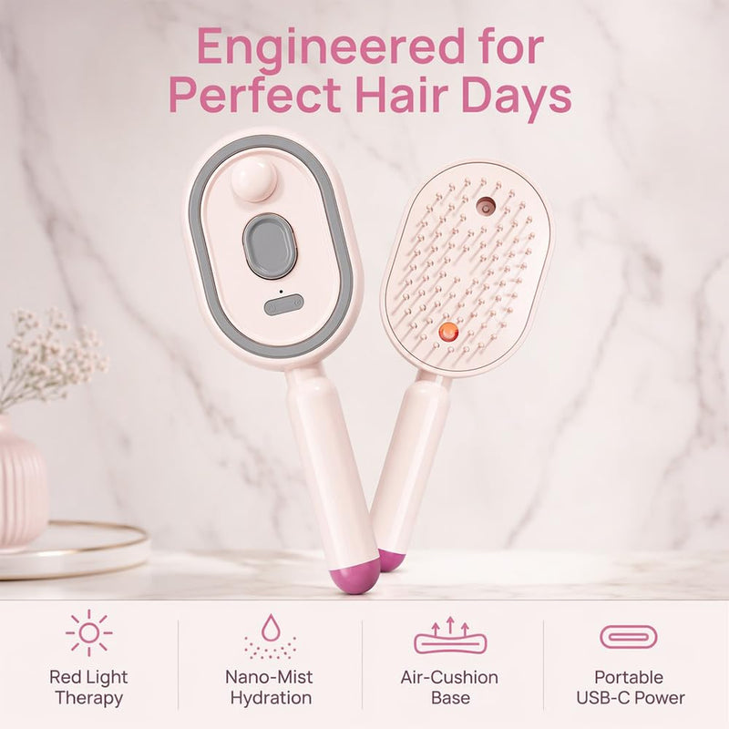  [AUSTRALIA] - Electric Spray Air Cushion Massage Comb, Rechargeable Detangling & Anti-Frizz Hair Brush, Hair Brush with Water Spray, Self-Cleaning Anti-Tangle, Steam Hair Straightener for Wet & Dry Hair(Pink)