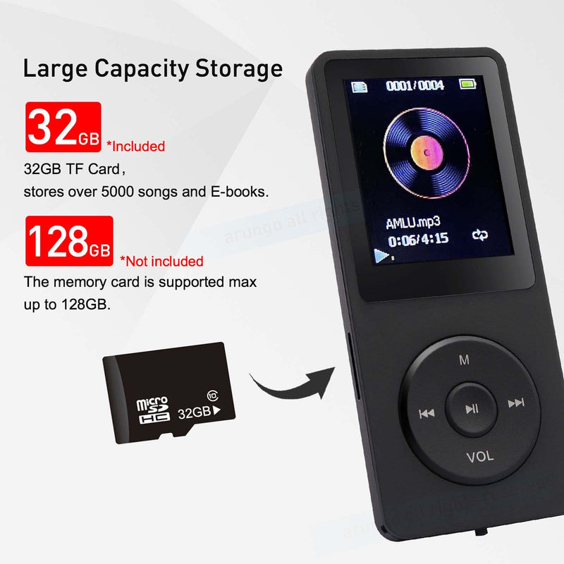 MP3 Player 32GB Music Player Voice Recorder with Speaker Earphone Portable HiFi Lossless Sound E-Book HD Screen 1.8 inch Support up to 128GB (Earphones Include) Black