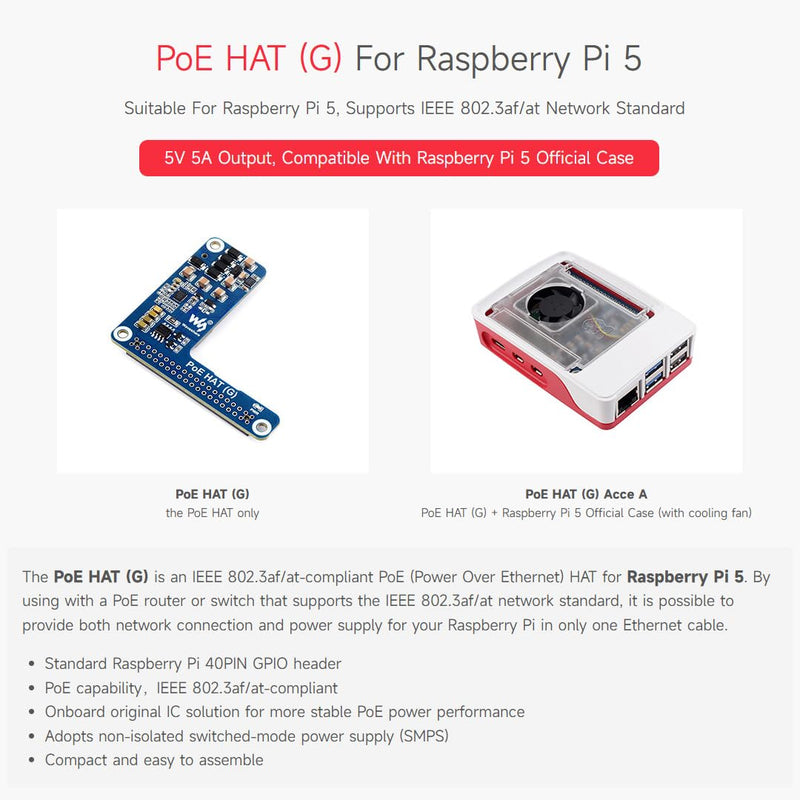 Waveshare 2PCS PoE HAT (G), Compatible with Raspberry Pi 5, 5V 5A Output, Stable Performance, Supports 802.3af/at Network Standard, Power Over Ethernet HAT (G), Suitable for RPi 5 Official Case