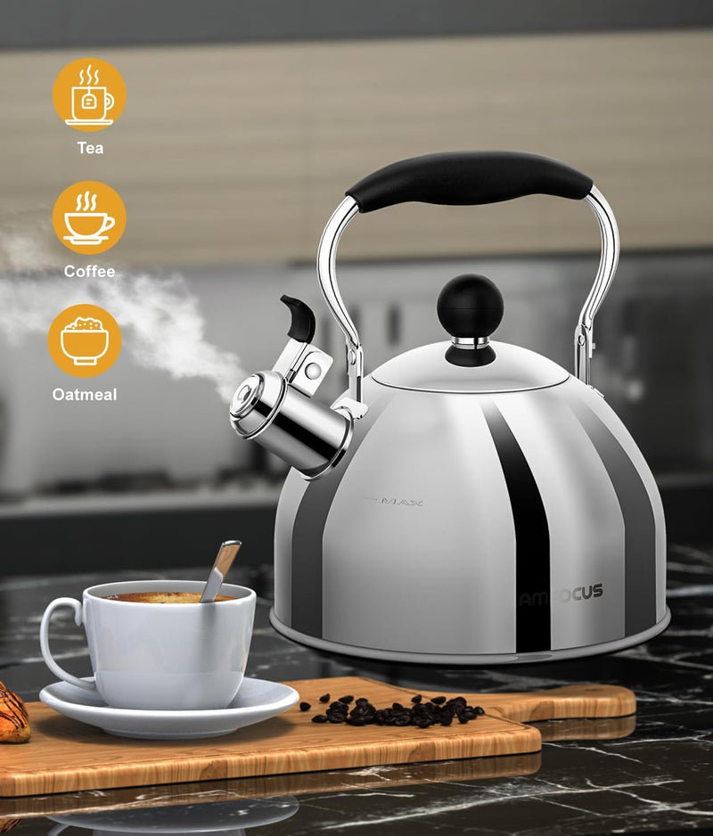 Tea Kettle, 2 Quart Stainless Steel Whistling Tea Kettle, Stovetop Whistling Teakettle Tea Pots for Stove Top with Ergonomic Folding Handle, Small Teapot, Water boiler for Tea, Coffee (Silver) Silver