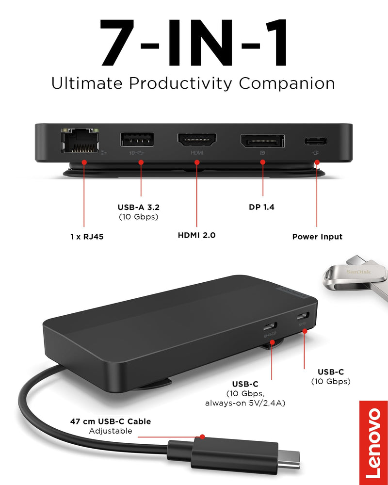Lenovo USB-C Dual Display Travel Dock - 7 Ports, Integrated Cable, Universal Compatibility, Two displays at 4K - Black USB Dock