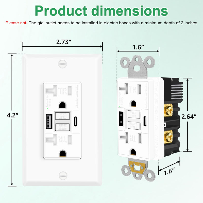 Greencycle 20 Amp GFCI Outlet with USB C & USB A Ports, 2PK Self Test GFCI Electrical Outlet Combination with USB,with LED Indicator,Residential & Commercial Grade, Includes Wall Plate & Screws, White 20A GFCI USB C 2